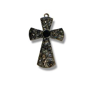 Silvertone Cross Pendant Black Center Rose Embossed 2.5"